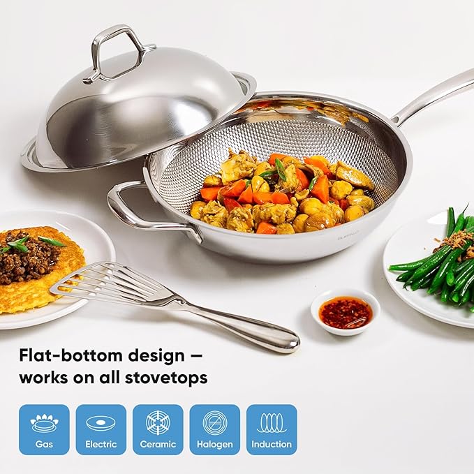 BUFFALO Honeycomb 3ply Stainless Steel Wok Pan 11 inch/28cm with Lid Flat Bottom - Coating-Free Non-stick Stir Fry Pan - Advanced, Scratch-Resistant Design with Stay-Cool Long Handle
