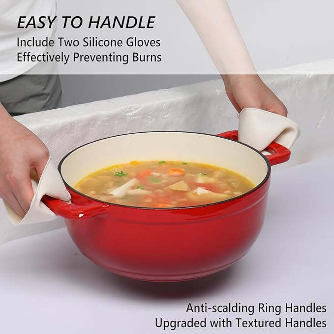 VINGLI 7.5QT Enameled Cast Iron Round Dutch Oven Pot with Lid, NonStick Casserole Pot with Dual Handles & Silicone GlovesRed, Oven Safe up to 500°F or on Stovetop, Dutch Oven for Bread Baking, Red