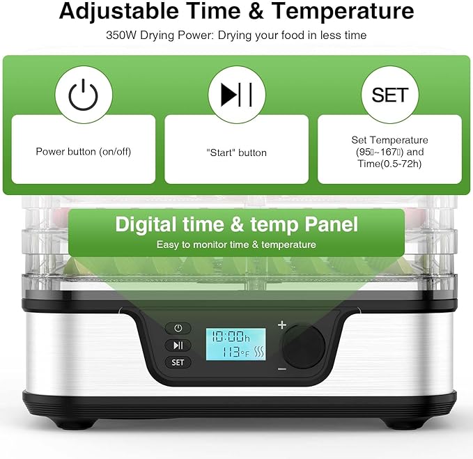 Food Dehydrator, Metallic Silver | 5 Stainless Steel & BPA-free trays, Adjustable Temperature, 72H Timer, Dehydrator for Meats, Jerky, Fruits, Veggies and Pet Treats