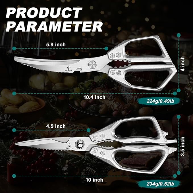 Kitchen Scissors Set of 2, Heavy Duty Stainless Steel Kitchen Shears for Food Prep, Poultry & Meat Cutting, Dual Purpose Cooking Scissors with Comfortable Grip, Dishwasher Safe
