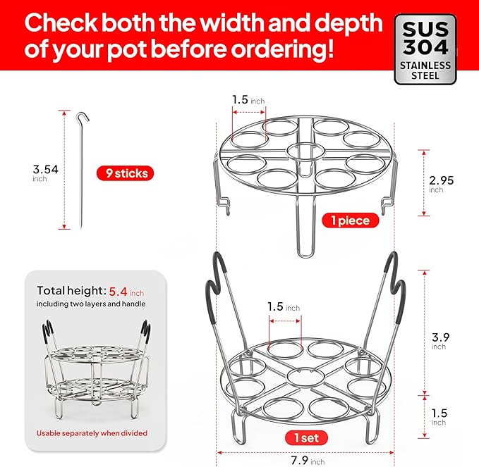 Stackable Egg Steamer Rack Holds 18 Eggs with Handles, Stainless Steel Instant Pot Trivet Fits 6qt/8qt Pressure Cooker, 2-in-1 with Skewers for Grilling