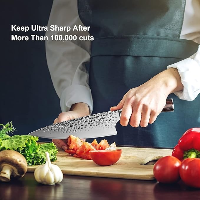 imarku Damascus Chef Knife, 8 Inch Kitchen Knife Ultra Sharp Cooking Knife HC German Stainless Steel Japanese Knife for Kitchen, Hand-Hammered Design, Ergonomic Handle, Birthday Gifts for Men Women