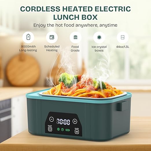 Cordless Heated Lunch Box, Smart Timer Automatic Heating Food Warmer for Adults, 5.5-Cup Portable Electric Lunch Container with Handheld Insulated Bag