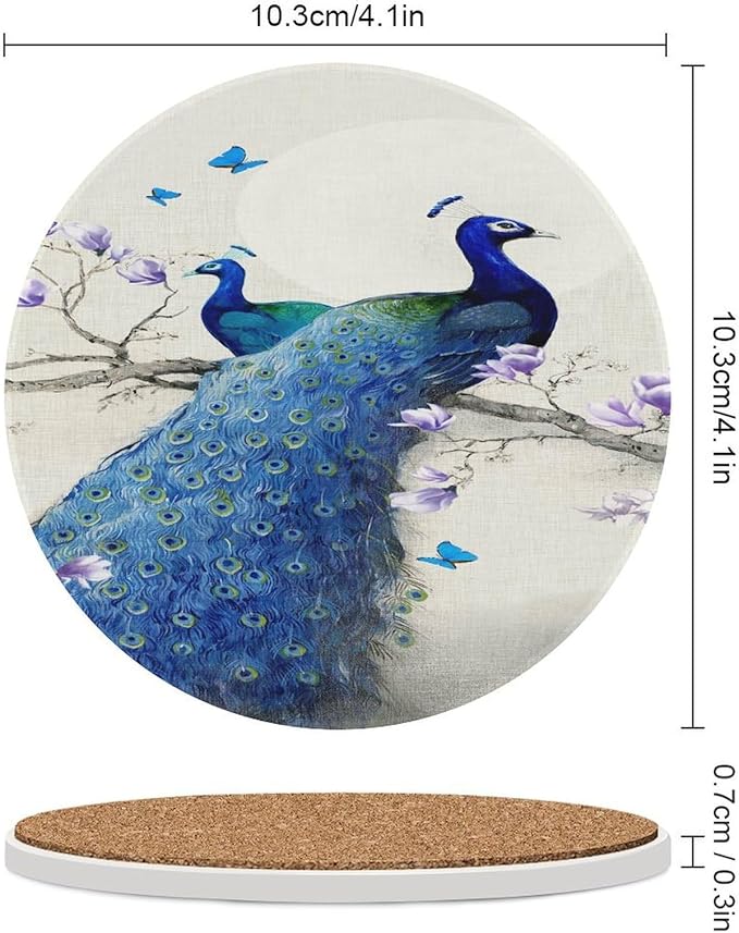 Peacock Drink Coasters, Round Ceramic Drink Coaster Round-4PCS, Vintage Style Beautiful Blue Peacock Floral Decor Absorbent Ceramic Coasters for Beverage Cup, Bar, Coffee Table