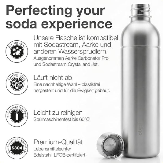 Premium 33 oz Stainless Steel Bottle | Compatible with Aarke Carbonator 3, Sodastream (excl. Aqua Fizz + Jet) and many others | Dishwasher Safe, No Expiration Date | 2-Pack