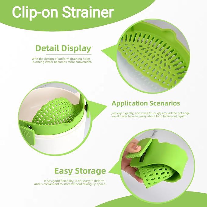 2 PACK Silicone Clip-on Strainer - Fits Pots, Pans & Pasta, Hands-Free Food Strainer for Ground Beef, Spaghetti, Pasta, Compatible with All Bowls and Pots (Black,Green)