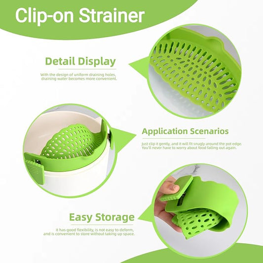 2 PACK Silicone Clip-on Strainer - Fits Pots, Pans & Pasta, Hands-Free Food Strainer for Ground Beef, Spaghetti, Pasta, Compatible with All Bowls and Pots (Black,Green)