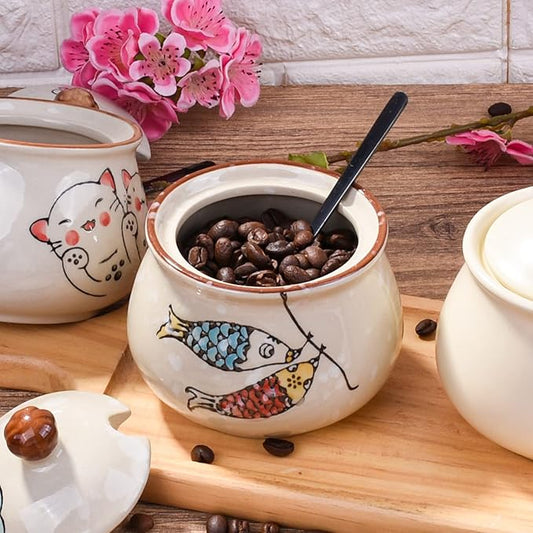 Ceramic Sugar Bowl with Lid and Spoon, Japanese Sugar Bowl with Spoon and Lid (Style 3)