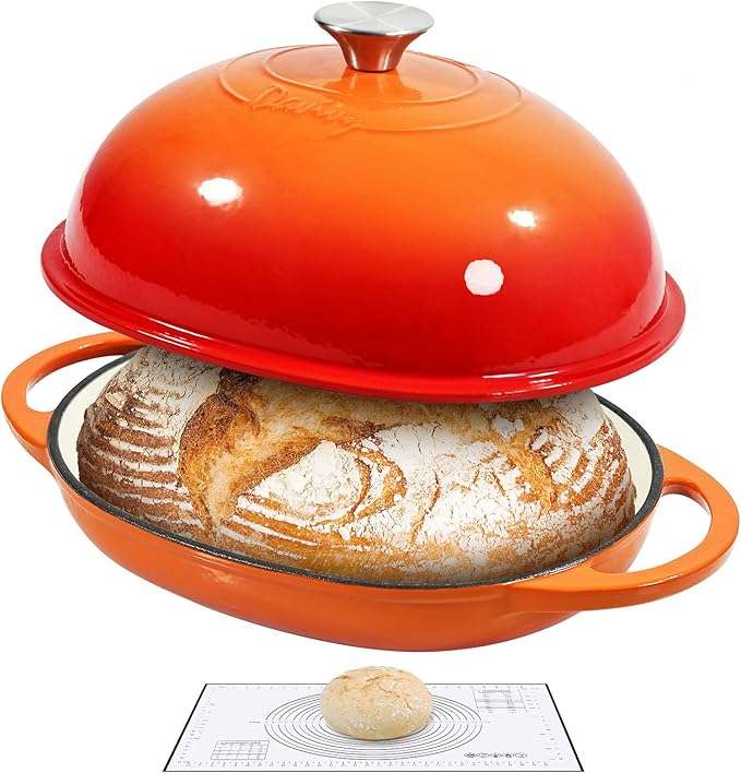 Davivy Cast Iron Oval Bread Pan with Lid 6QT, Dutch Oven for Sourdough Bread, Non-stick Cast Iron Sourdough Baking Pan with Silicone Baking Mat - Flame Orange