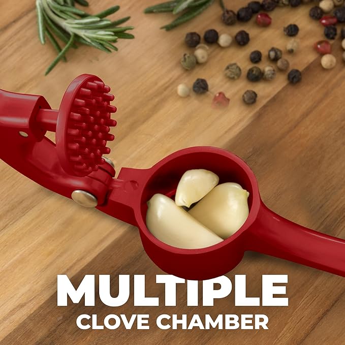 Zulay Kitchen Premium Garlic Press - Durable Garlic Masher with Soft, Easy to Squeeze Handle - Garlic Mincer Tool - Sturdy Easy to Clean Garlic Crusher (Red)