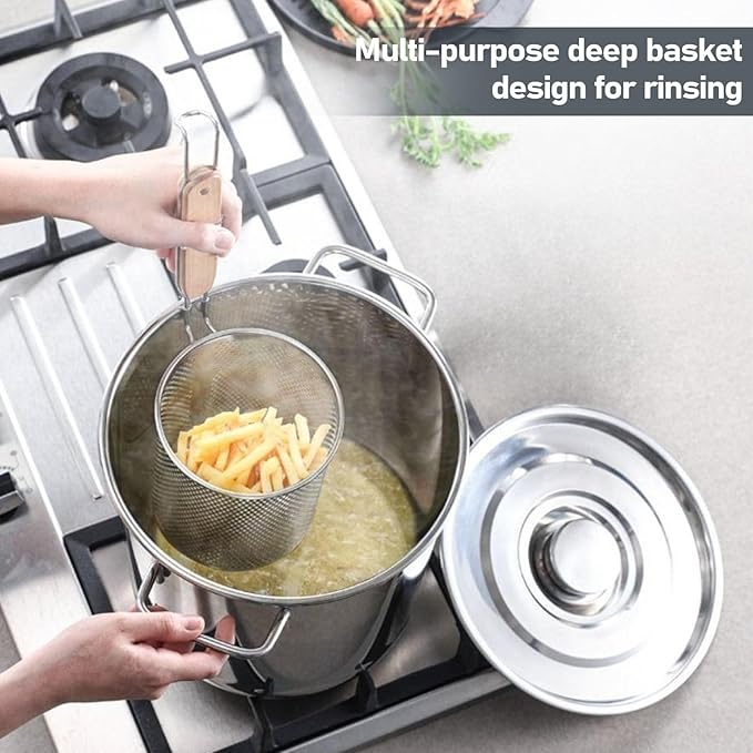2 Pack Pasta Basket for Boiling Stainless Steel Food Strainer with Wood Handle Spaghetti Spoon Fine Mesh Colander for Pasta Noodle Dumpling (4.5"D x 14.6"H)