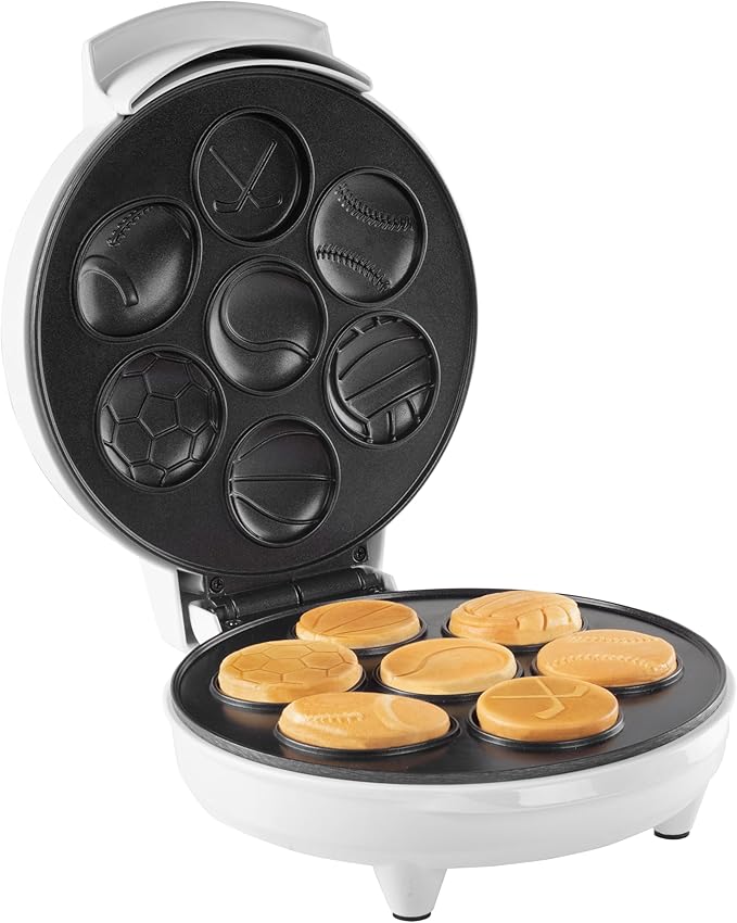 Sports Waffle Maker- Make Breakfast a Slam Dunk- Bakes 7 Themed Pancakes Including Football, Baseball, Basketball, Soccer, Tennis & More- Electric Nonstick Waffler with Recipe Guide- Kids Morning Fun