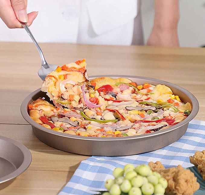 2 Pcs Black and Gold Pizza Pan, 10 Inch Round Iron Skillet with Nonstick Coating for Cooking and Baking Pizza, Cookie, Roast Meat, Baking Cake, Bread and other Foods (10 Inch)