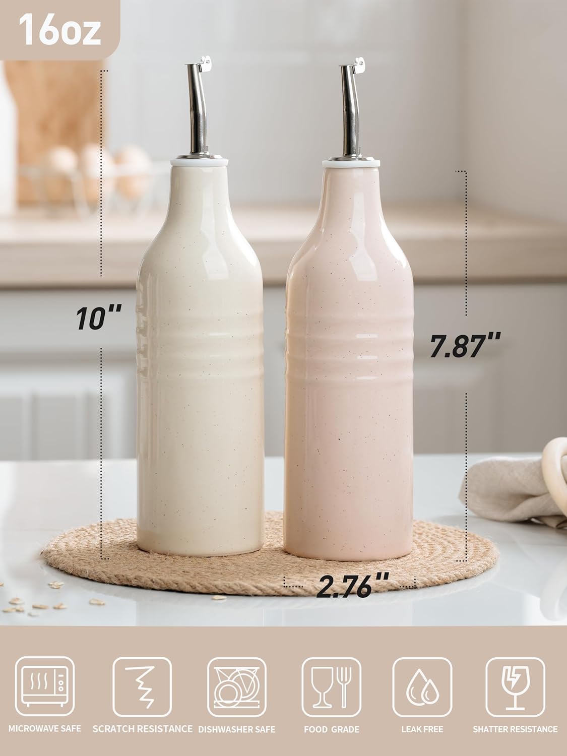 amiware Jupiter 16oz Ceramic Olive Oil Dispenser Bottle, Olive Oil and Vinegar Dispenser Bottle Set of 2 with Stainless Steel Pourers, Suitable for Storage Vinegar, Vanilla White & Light Pink