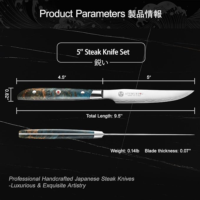 Steak Knives Set of 4, 5 inch Handcrafted Japanese VG10 Steel Kitchen Steak Knives, Non Serrated Meat Knife with Ergonomic Stabilized Wood Handle & Luxurious Wood Box, Cooking Gifts for Men Women