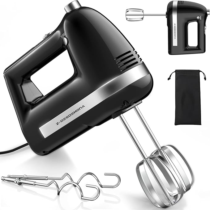 Z-DESDEMONA Electric Hand Mixer, Powerful 300W Hand Mixer Electric Handheld with 304 Beaters, Dough Hook,Hand Held Mixer with Turbo for Baking Cakes, Eggs, Cream Food(Black)