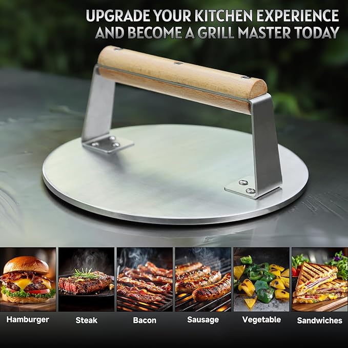 Professional Stainless Steel Smash Burger Press with Wood Handle,Heavy-Duty 8.5 Inch Burger Smasher (3.64 lb) - 6mm Thick Base for Hamburgers, Steak & Bacon