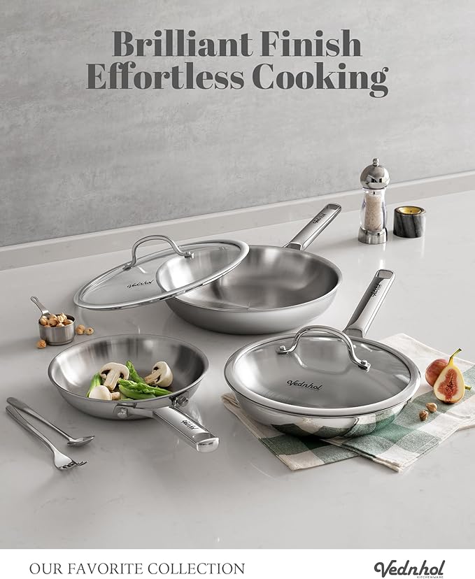 VEDNHOL Stainless Steel Pan with Lid,12 Inch Stainless Steel Frying Pan,Tri-Ply Stainless Steel Skillet,Steel Pan for Cooking,PFOA&PTFE Free,Dishwasher and Oven Safe,Induction&All Stove Compatible