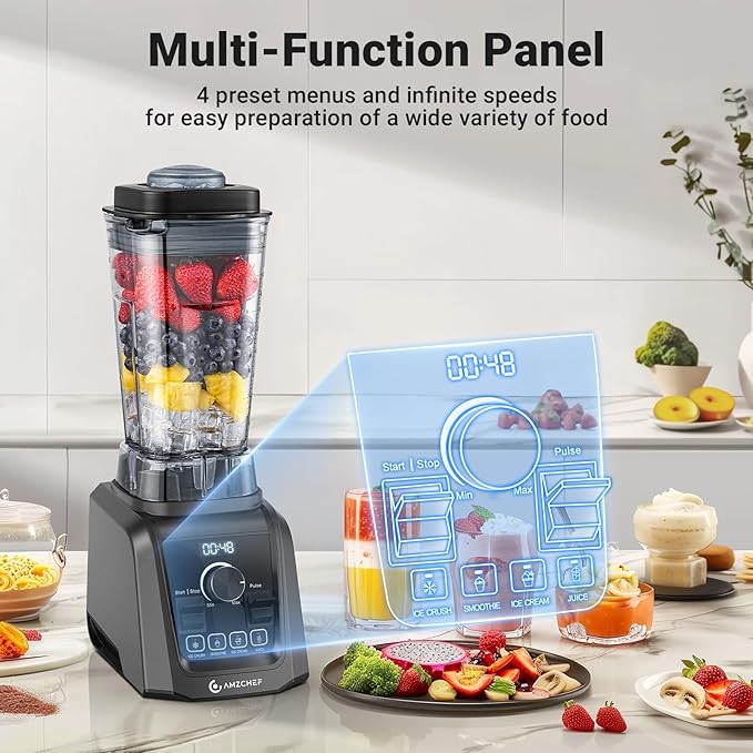 AMZCHEF Professional Blenders for Kitchen, 1800 W Smoothie Blender with Infinitely Variable Speed and 5 Functions, 68 oz Blender for Smoothies, Puree, Ice Crush, Ice Cream, Soup, Juice, Grey