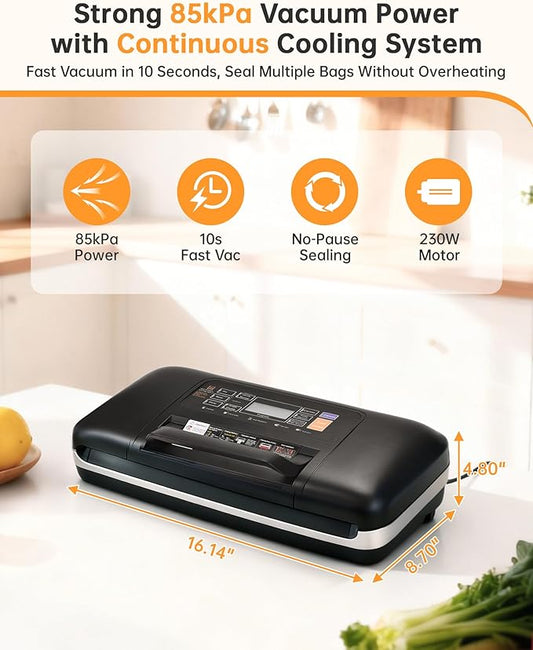 85kPa Heavy Duty Vacuum Sealer Machine, Commercial Grade Food Sealer with Double Seal, One-Hand Operation Handle, Built-in Cutter & Bag Storage, Moist/Dry Modes for Sous Vide, Meat & Meal Prep