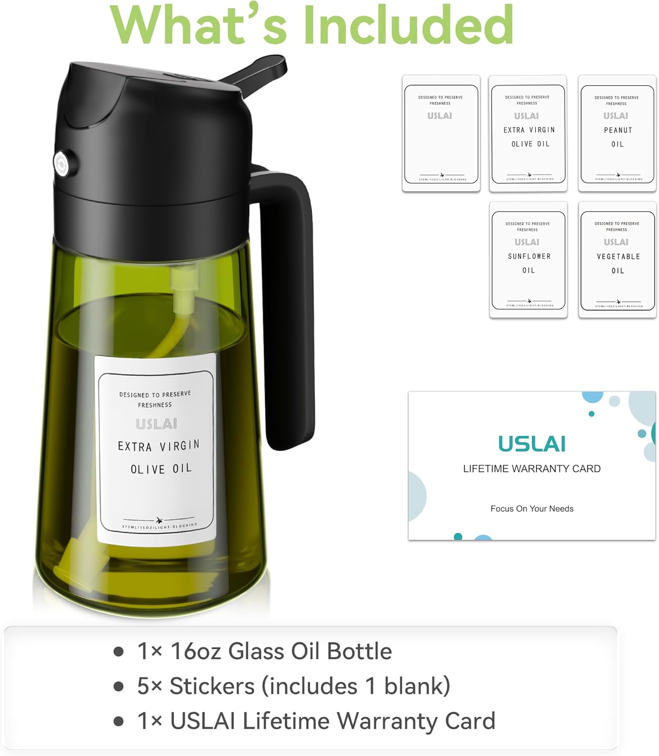 USLAI Oil Sprayer for Cooking, 16oz/470ml 2 in 1 Glass Olive Oil Dispenser Bottle for Kitchen, Air Fryer, BBQ and Salad - Green