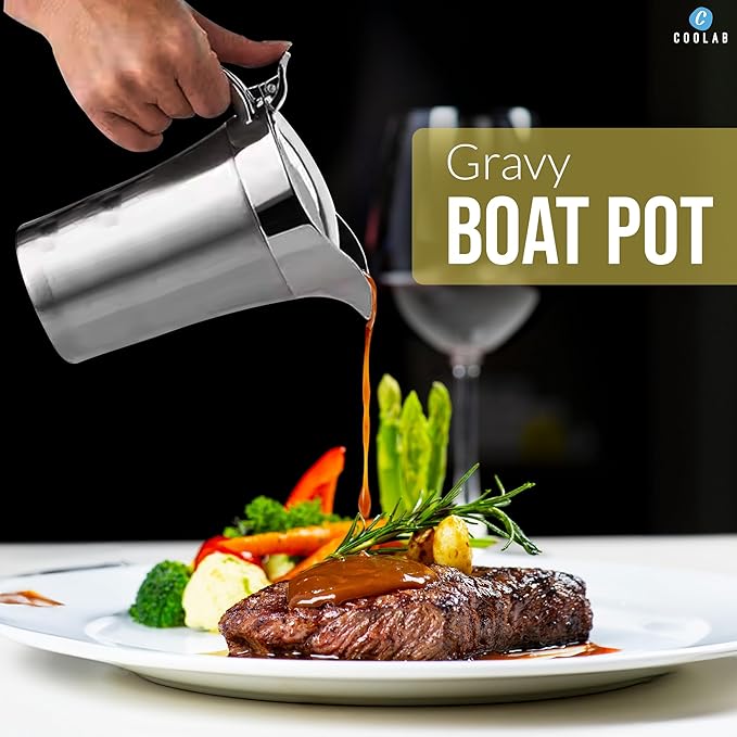 750ML Stainless Steel Gravy Boat with Lid – Double Insulated Gravy Pitcher for Hot & Cold Sauces – Elegant Sauce Boat Small Gravy Server for Steak, Turkey, and Holiday Dinners