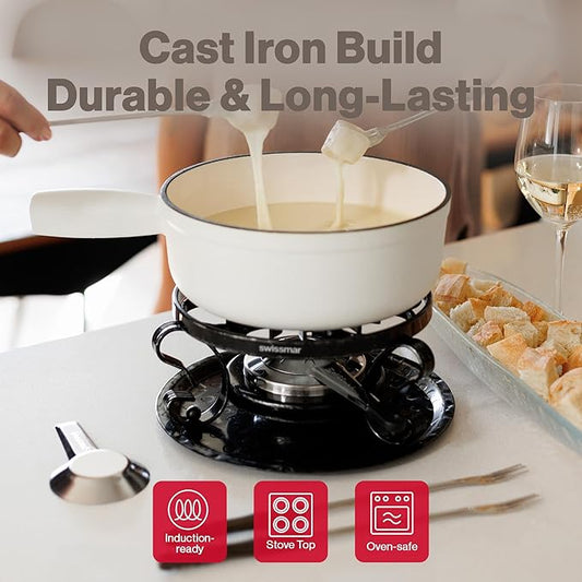 Swissmar Lugano Cast Iron Cheese Fondue Pot Replacement, 2 QT / 2 L – Compatible with Swissmar Lugano Fondue Sets – Ideal for Melting Cheese, Chocolate, & Caramel – Matte White