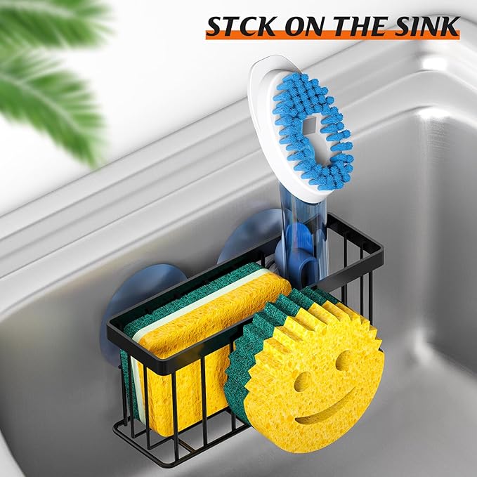 Sponge Holder Smiley Face, Caddy for kitchen Sink, Kitchen Organizer Sponge Holder with 2 PCS Suction Cups/1 PCS Adhesive Strips, Designed for Sponge, Soap, Dish brush, Scrubber-Black