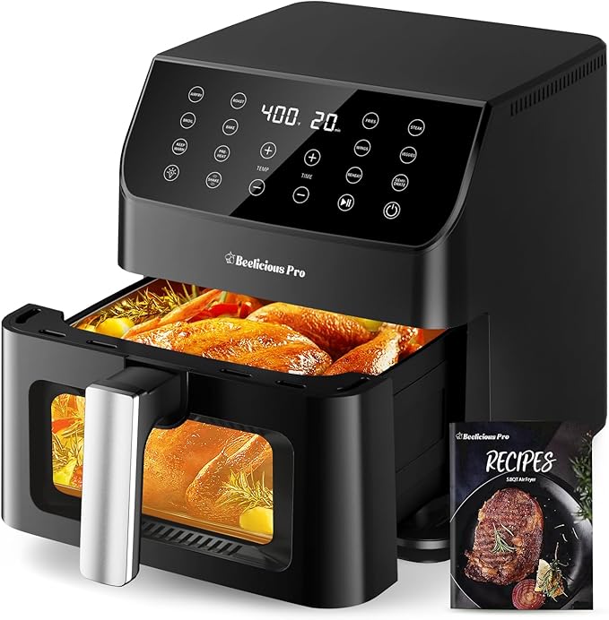 Beelicious 5.8QT Large Air Fryer, 12-in-1 Digital Airfryer with View Window, 40+ Recipes, Flavor-Lock Tech, Dishwasher Safe,Shake Reminder, Compact, Quiet, Nonstick. Black