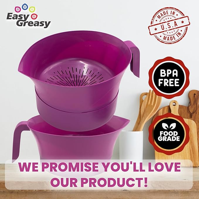 Colander Grease Strainer With Handle And Container, Catch Bowl With Lid 3 Piece Strain Set | Strains Ground Beef, Bacon & Pasta | Safe Kitchen Gadget BPA Free | Made In The USA (Purple)
