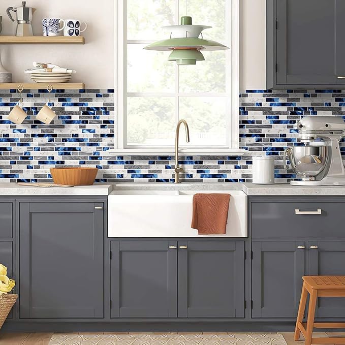 STICKGOO Thicker Design Peel and Stick Tile Backsplash, 12”×12”Stick on Backsplash for Kitchen, Self Adhesive Tile Stickers for Kitchen Backsplash and Bathroom(10 Sheets, Deep Blue)