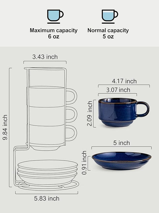 Gomakren 6 Ounce Cappuccino Cups with Saucers and Metal Stand, Stackable Coffee Cup Set of 4, Valentine Porcelain Espresso Cups for Coffee Drinks, Cappuccino, Latte, Americano, Tea, Cobalt Blue