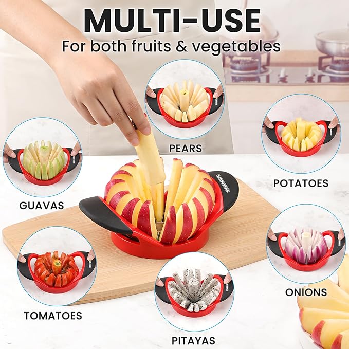SCHVUBENR Apple Slicer and Corer - 4.72 Inch Stainless Steel Apple Cutter with 16 Sharp Blades - Professional Apple Divider Tool for Quick Slices - Easy to Use & Clean - Slice Fruits with Ease - Red