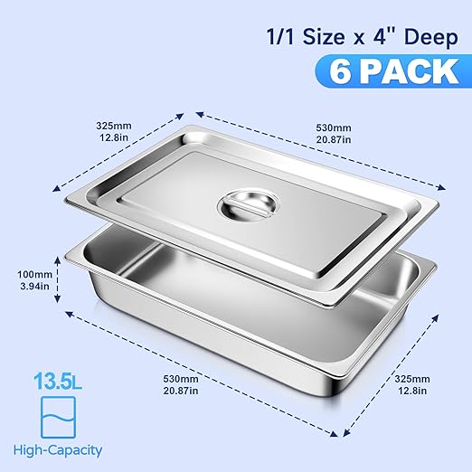 Full Size Hotel Pan With Lids 4 Inch Deep Stainless Steel Chafing Dishes for Buffet, Steam Table Pan, Metal Commercial Food Pans for Food Prep/Catering/Food Serving (6 Pack, Full Size 1/1 x 4" Deep)