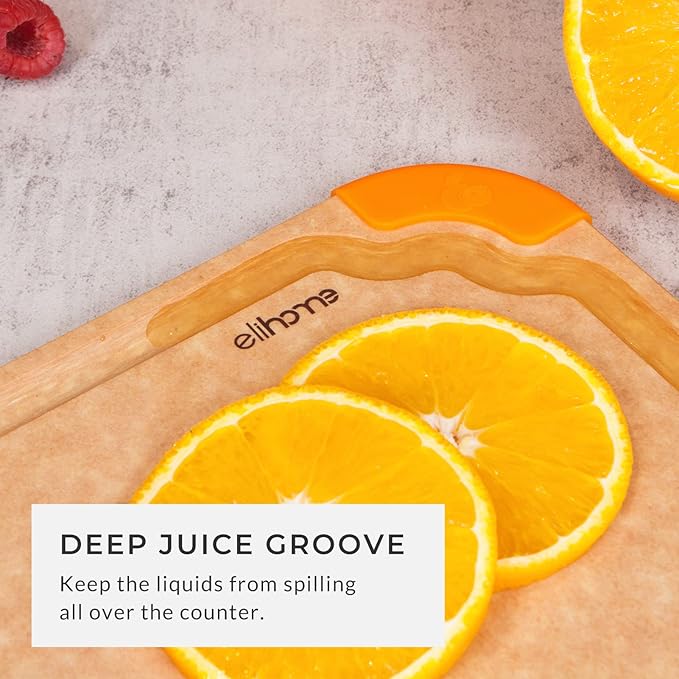 Elihome Premium Series 2-in-1 Kitchen Cutting Board Set, Non Slip Feet, Color Coded with Food Icon, Natural Wood Fiber, Dishwasher Safe, Eco-Friendly, Juice Grooves,Non Porous, BPA Free, Made in USA