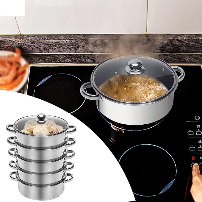 5 Tier Stainless Steel Cooking Steamer - 26/28/30cm Steamer Pot with Glass Lid for Home Kitchen Restaurant
