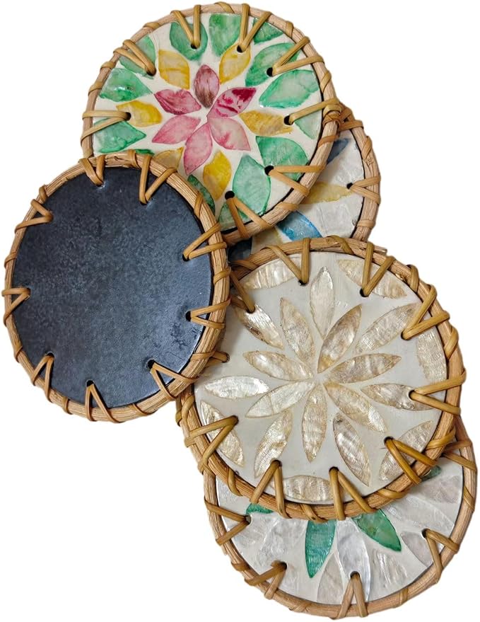 A Set of 6 Beverage Coasters, Rattan/Colorful Shell/Coffee&Tea Cup/Handmade Woven Coasters for Various Cups, Desktop Protection, Special Home Gifts