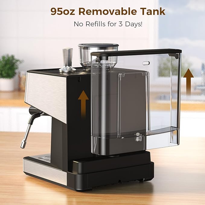 Electactic (2025 Upgrade Espresso Machine with Grinder, 20 Bar Professional Espresso Coffee Machine with Anti-Clog Design, Built-in Milk Frother Steam Wand-Perfect Cappuccino & Latte Maker for Home