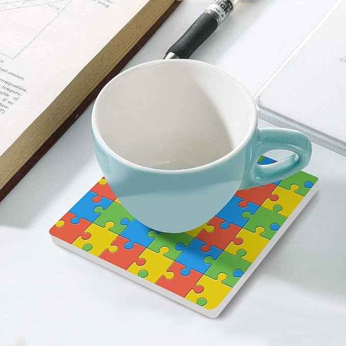 Gamer Drink Coasters, Square Ceramic Drink Coaster Square-4PCS, Kids Abstract Colorful Puzzle Toy Decor Absorbent Ceramic Coasters for Beverage Cup, Bar, Coffee Table