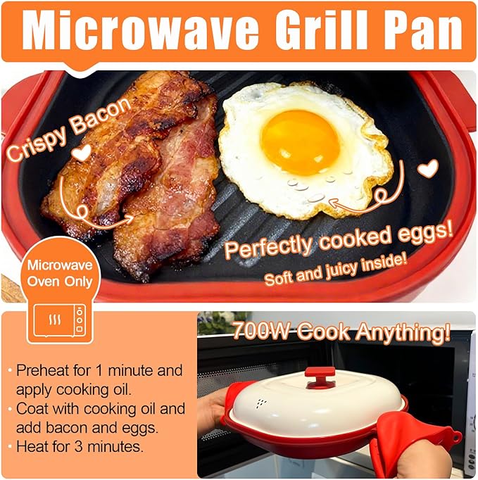 Microwave Grill Pan with Cover, Microwave Cookware Multi-Use for Grilling, Frying, Browning and Crisping, Microwave Bacon Cooker Tray, Microwave Griller with Cover Safe and Easy to Clean (Red)