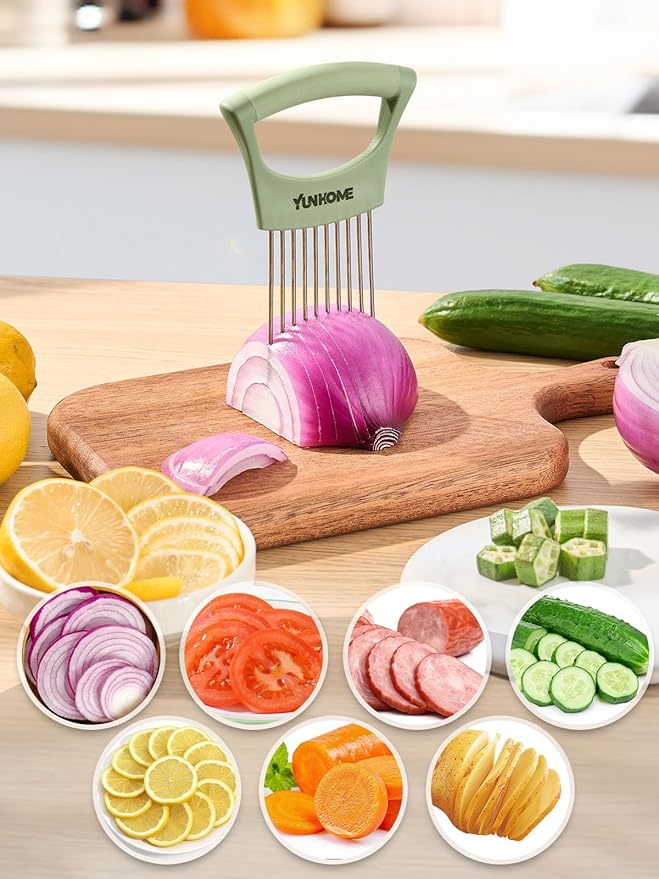 Onion Slicer Holder, Stainless Steel Onion Holder for Slicing, Onion Cutter Vegetable Chopper for Slicing of Lemon Avocado & Meat, Kitchen Utensils Gadget for Slices, Kitchen Assistant Tool for Fruit