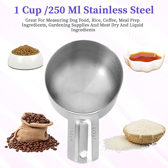 3 Pack 1 Cup Stainless Steel Measuring Cup Metal Measuring Cups with Handle Kitchen Cooking Gadgets Rice Measuring Cup for Wet and Dry Ingredients (240 ml | 240 cc | 8 oz)