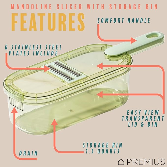 6-In-1 Mandoline Slicer with Storage Bin & Handle By PREMIUS, Plastic Container Bin With Stainless Steel Blades, Includes: 6 Blades, Waffle Cut, Julienne, Slices, Safety Grip, Green-Clear, 1.5 Quarts