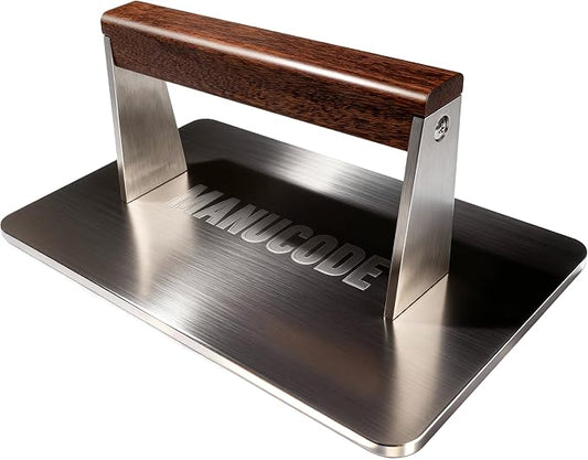 Manucode Stainless Steel Bacon Press - 3.2 LB Heavy Cooking Weight, Ideal for Flat Top Grill - Griddle Accessories for Searing Smash Burger, Steak, Sandwich - 9.25 x 5.7 Inches, Flat Bottom, Rectangle