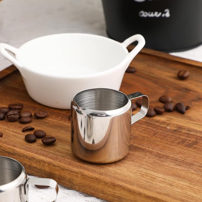 PRETYZOOM Stainless Steel Frothing Milk Pitchers Sauce Cups 50Ml 2 Pack with Ergonomic Handle for Coffee Latte Barbecue Picnic Dining 1.57X1.57X1.57 Inch