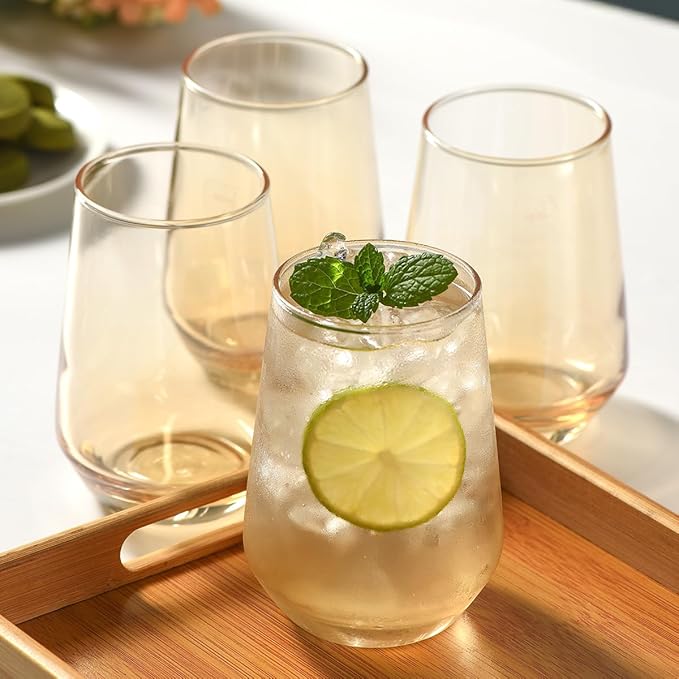 Modern Glass Drinking Cups Set, Clear Crystal Stemless Tumblers, 13.2 oz Capacity, 4.53 inch Height, 4 Pack (Golden) Kitchen Water Iced Tea Juice Beverage Glass