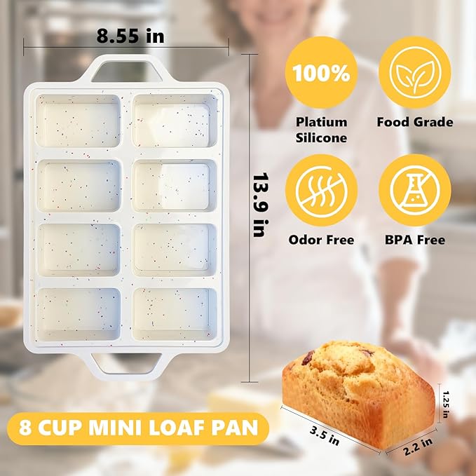 2Pack Silicone Mini Loaf Pans with Metal Frame, Nonstick 8 Cavity Mini Loaf Pans, Small Bread Pans for Baking, Tiny Meatloaf Pan with Metal Reinforced Frame for Baking Cornbread, Brownie
