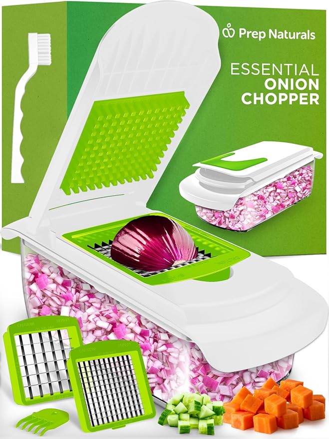 Prep Naturals 4-in-1 Veggie Chopper & Mandoline Slicer - Steel Vegetable Dicer Blades - Mess-Free Food Chopper & Container - Mandoline Vegetable Slicer for Uniform Cuts - White, Dishwasher-Safe