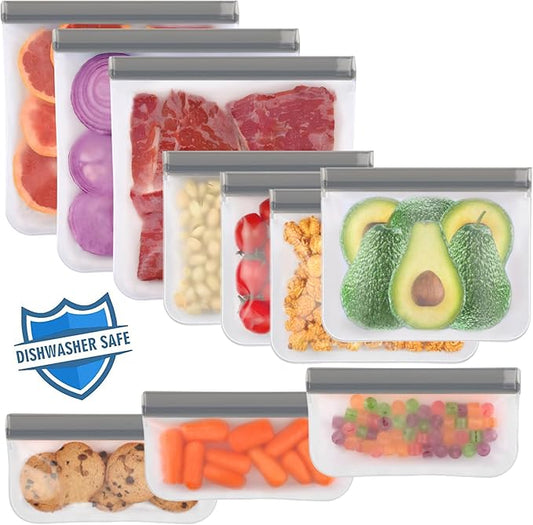 Lerine 10 Pack Dishwasher Safe Reusable Bags Silicone, Leakproof Reusable Freezer Bags, BPA Free Food Storage Bags for Lunch Marinate Food Travel(Grey) - 3 Gallon 4 Sandwich 3 Snack Bags