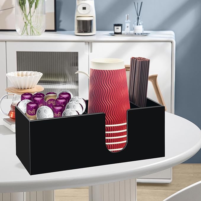 Coffee Bar Accessories and Organizer, Disposable Cup Holder for Countertop, Black Acrylic Storage and Organization for Cup Lid Stirrers Pod, Farmhouse Table Décor